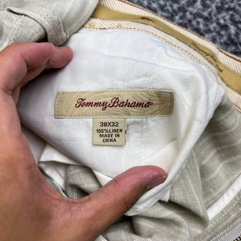 Tommy Bahama Dress Pants Men 40x32 Beige Striped 100% Linen Flat Front Relaxed